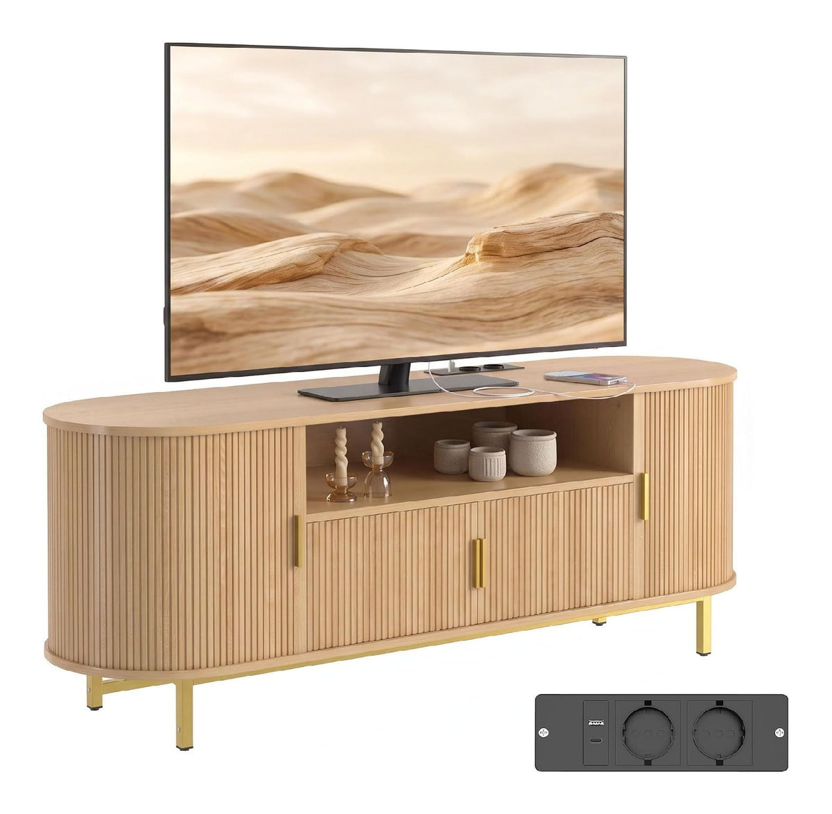 Banc TV reglable avec rangement ferme chene