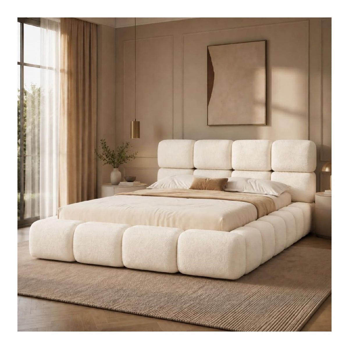 Lits avec rangement ferme revetement boucle blanc 2,05 x 1,83 x 1,03 m