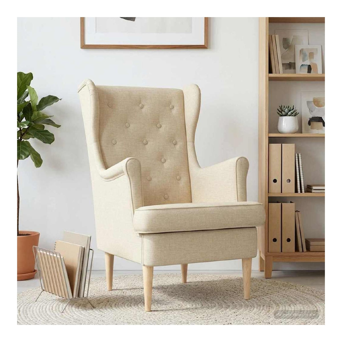Fauteuil confortable finition bois structure metal creme