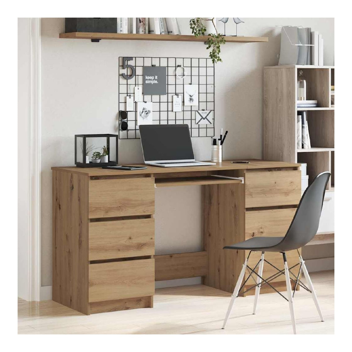 Bureau fonctionnel avec tiroirs avec rangement ferme chene 50 x 140 x 77 centim