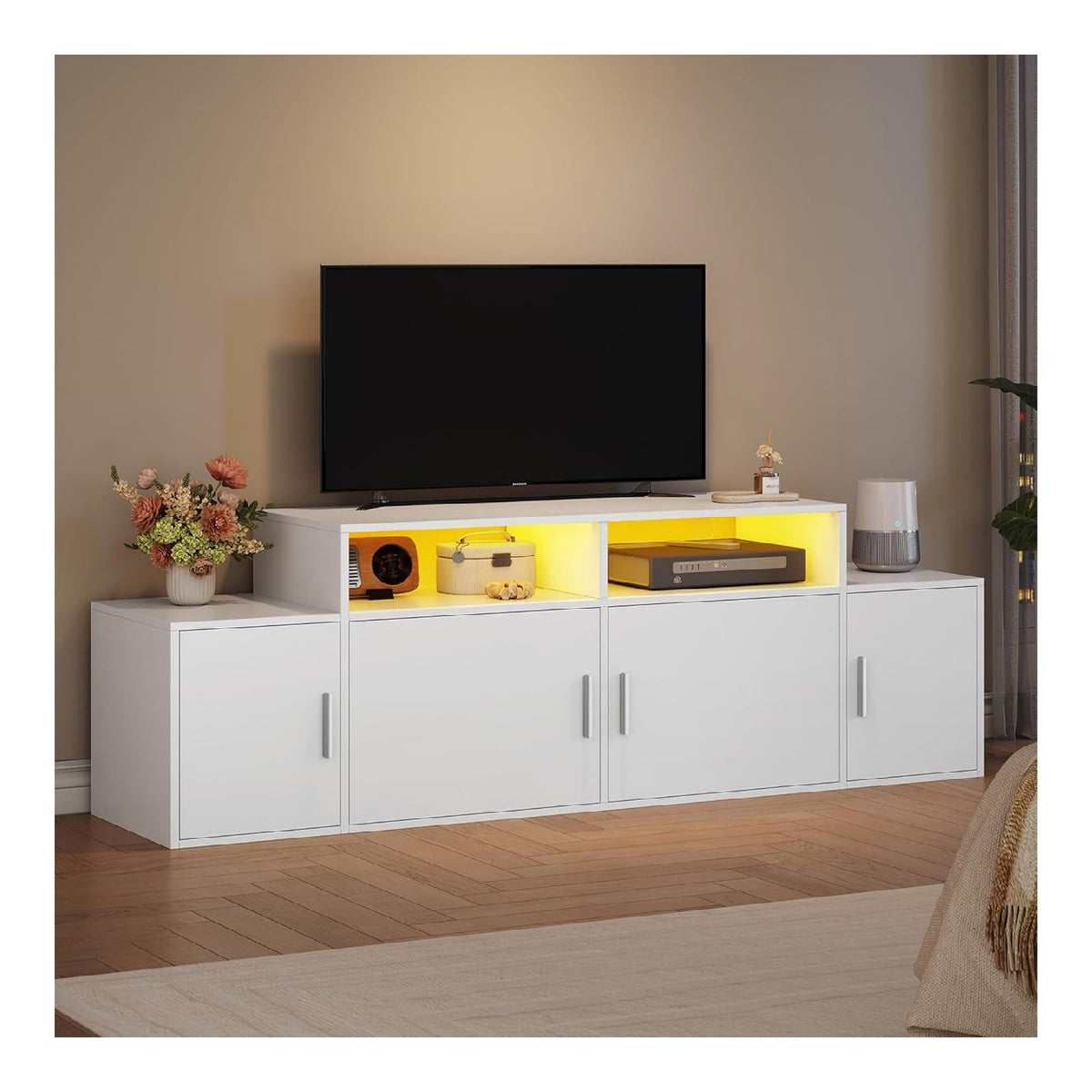 Banc TV reglable avec rangement ferme blanc