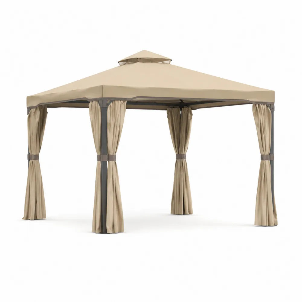 Tonnelle en M¨¦tal avec Rideaux en Polyester 3x3 m Beige