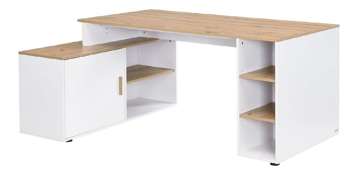 Bureau fonctionnel avec rangement ferme finition bois blanc 174 x 120 x 76 centim