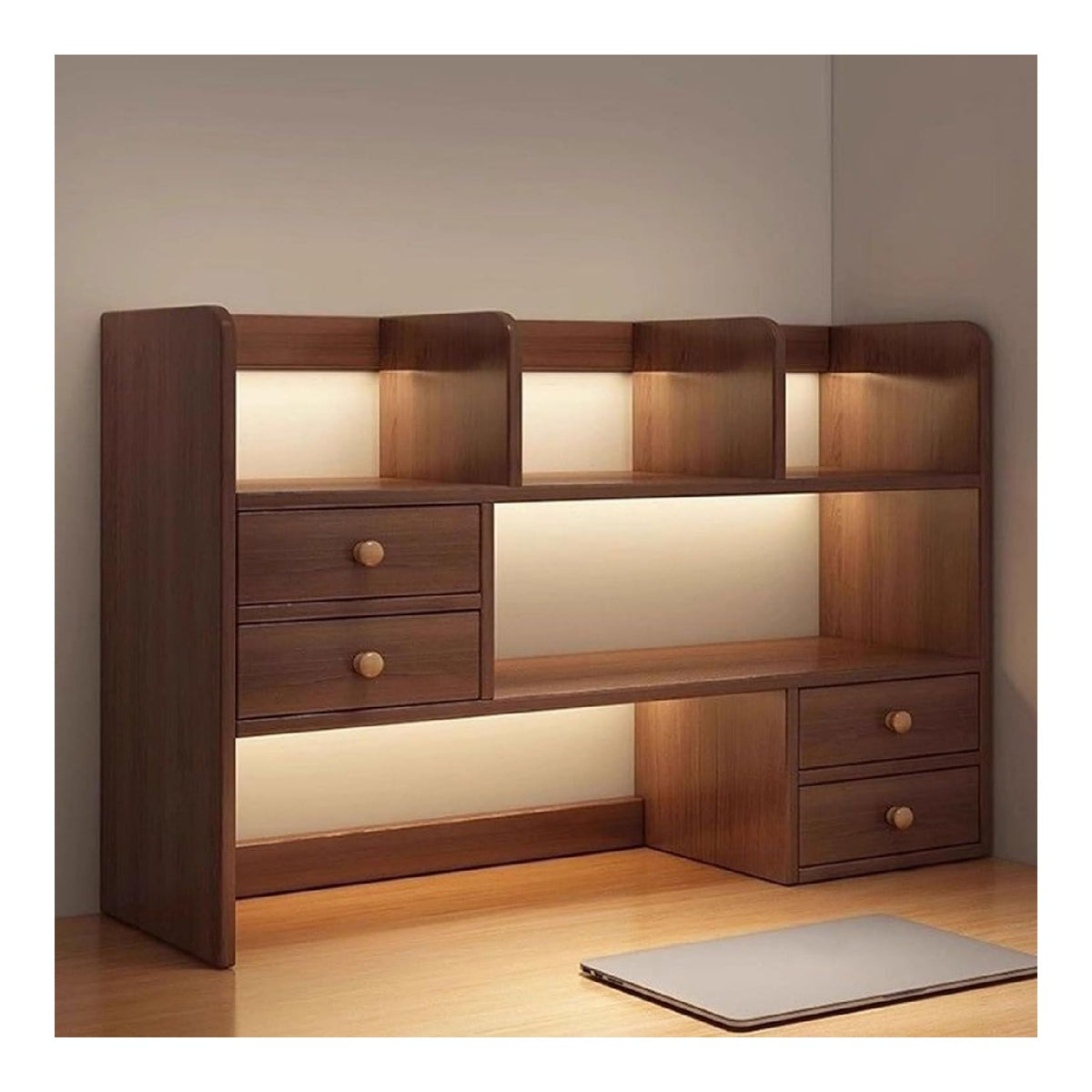 etageres de bureau et hors surface avec tiroirs finition bois naturel