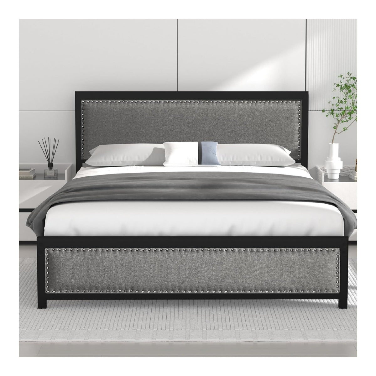 Cadres de lit avec rangement ferme structure metal gris