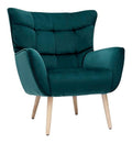 Fauteuil confortable finition bois revetement velours bleu