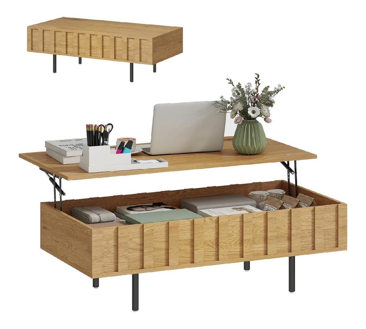 Table basse reglable avec rangement ferme chene 55 x 110 x 36,5 centim
