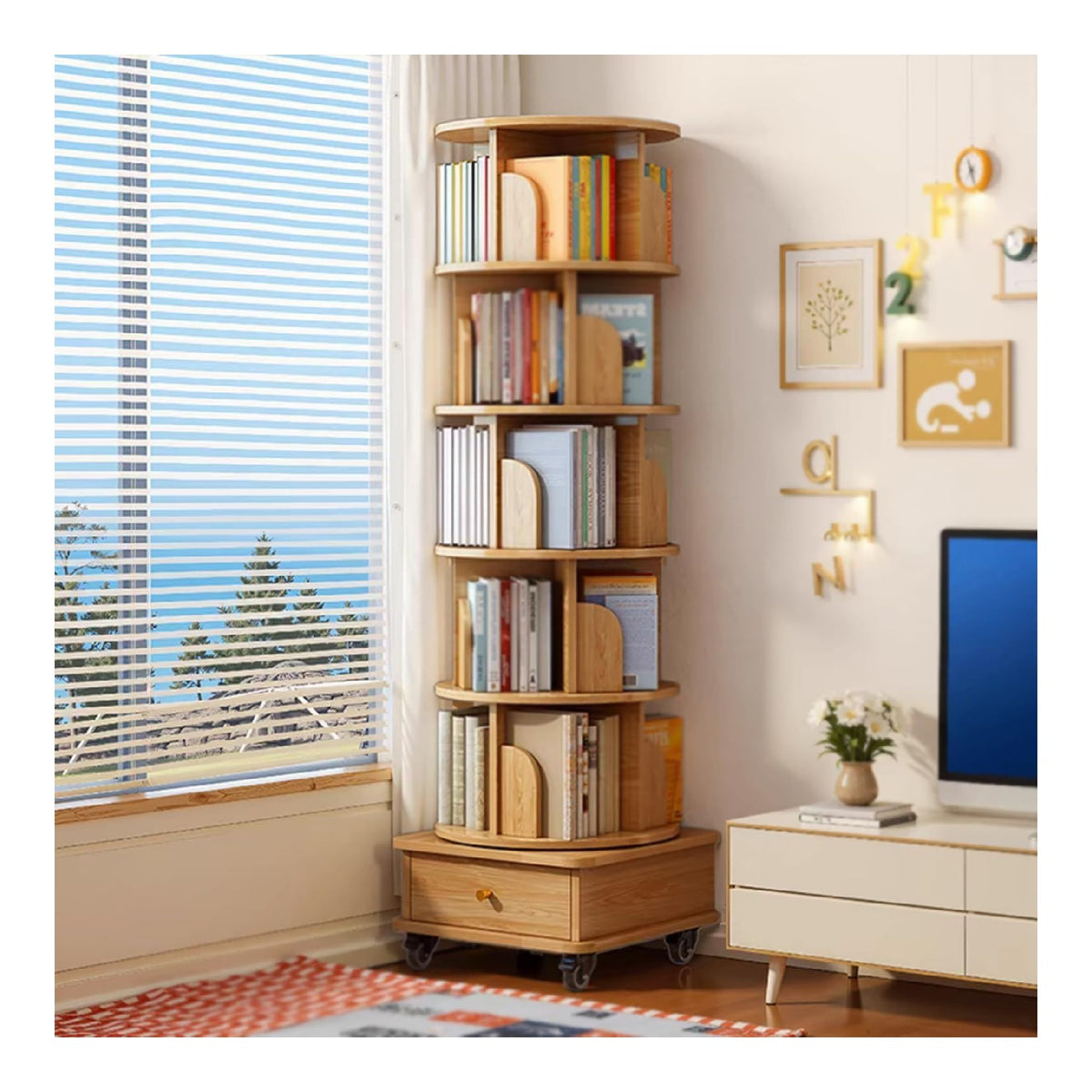 Bibliotheque avec tiroirs avec rangement ferme naturel