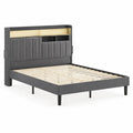 Lit double en tissu gris avec t¨ºte de lit et rangement int¨¦gr¨¦