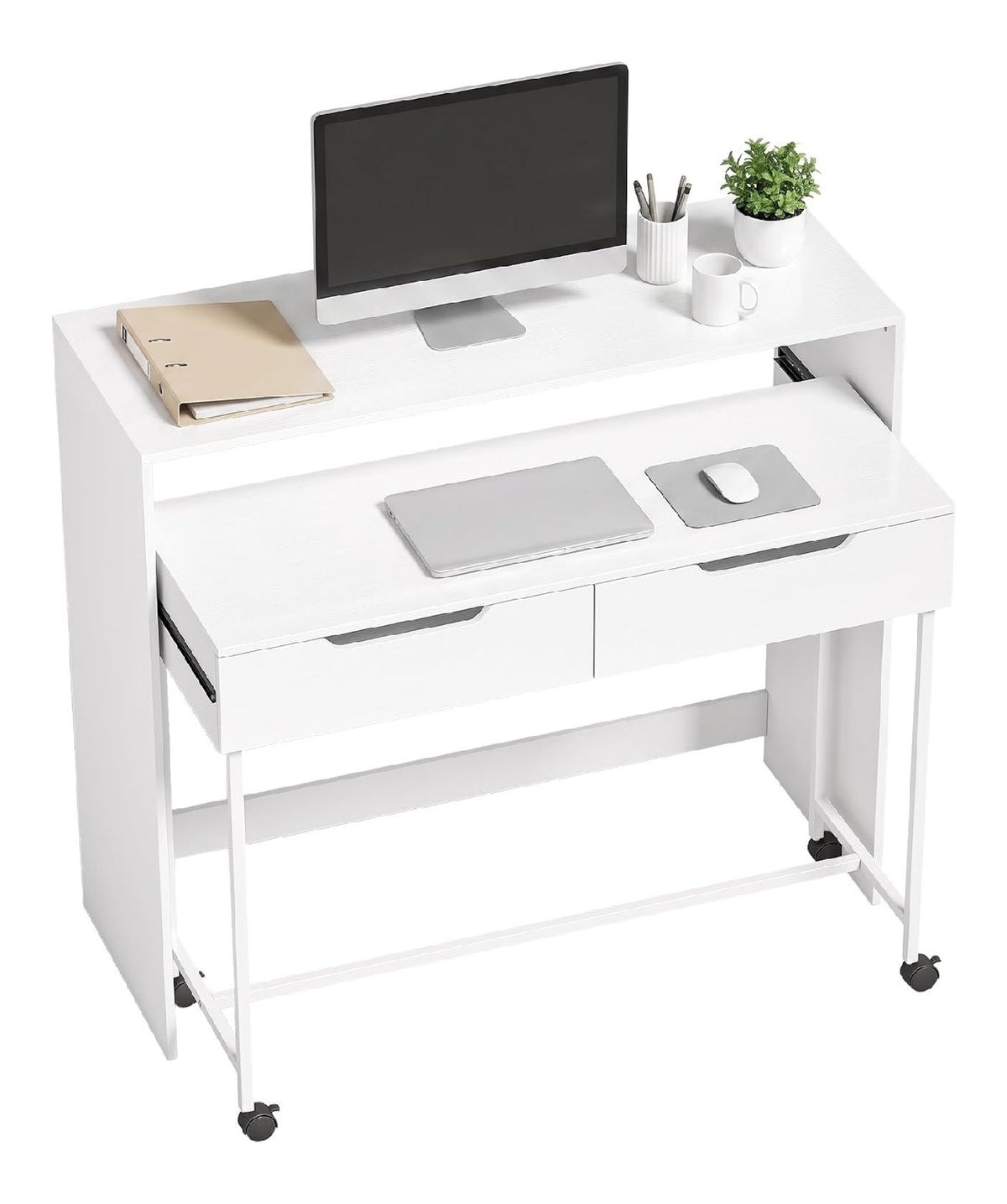Bureau fonctionnel avec tiroirs avec rangement ferme blanc