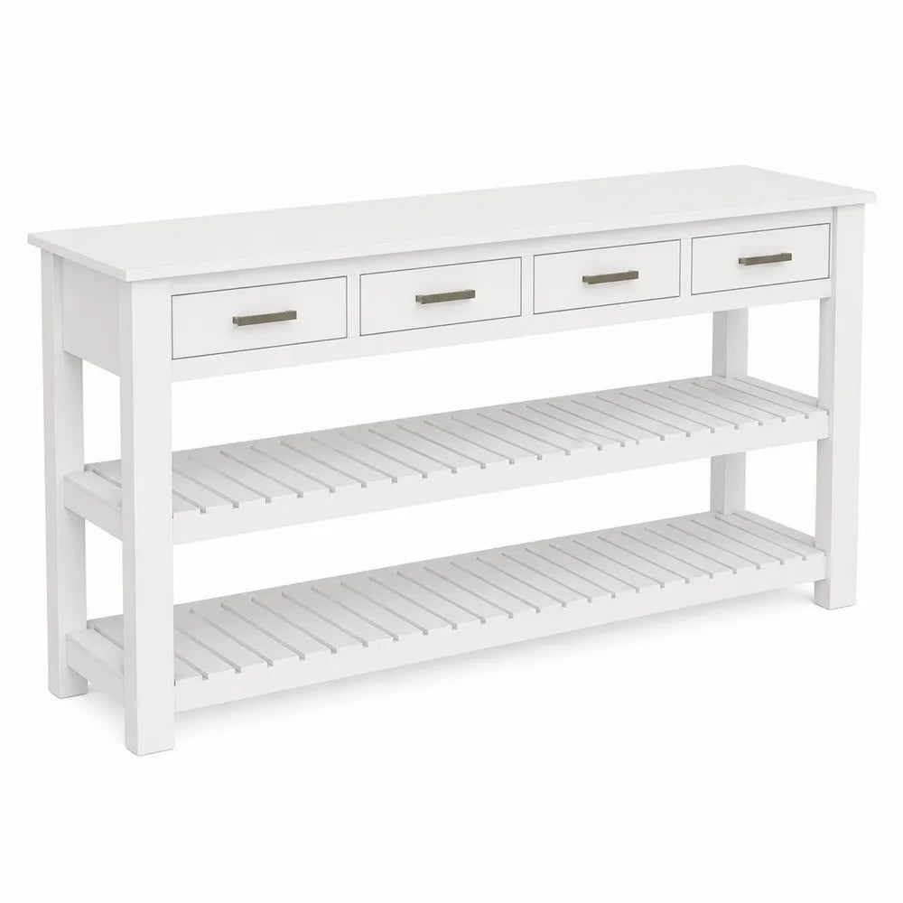 Console en bois blanc avec tiroirs et ¨¦tag¨¨res