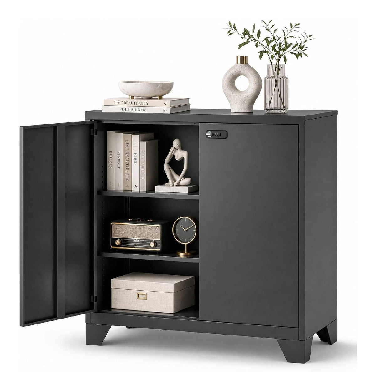 Armoire de rangement avec rangement ferme structure metal noir 40x80x90 cm