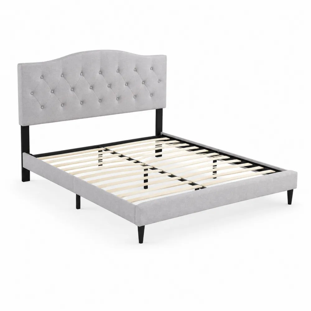 Lit en m¨¦tal et tissu avec t¨ºte de lit capitonn¨¦e Gris 200x160 cm