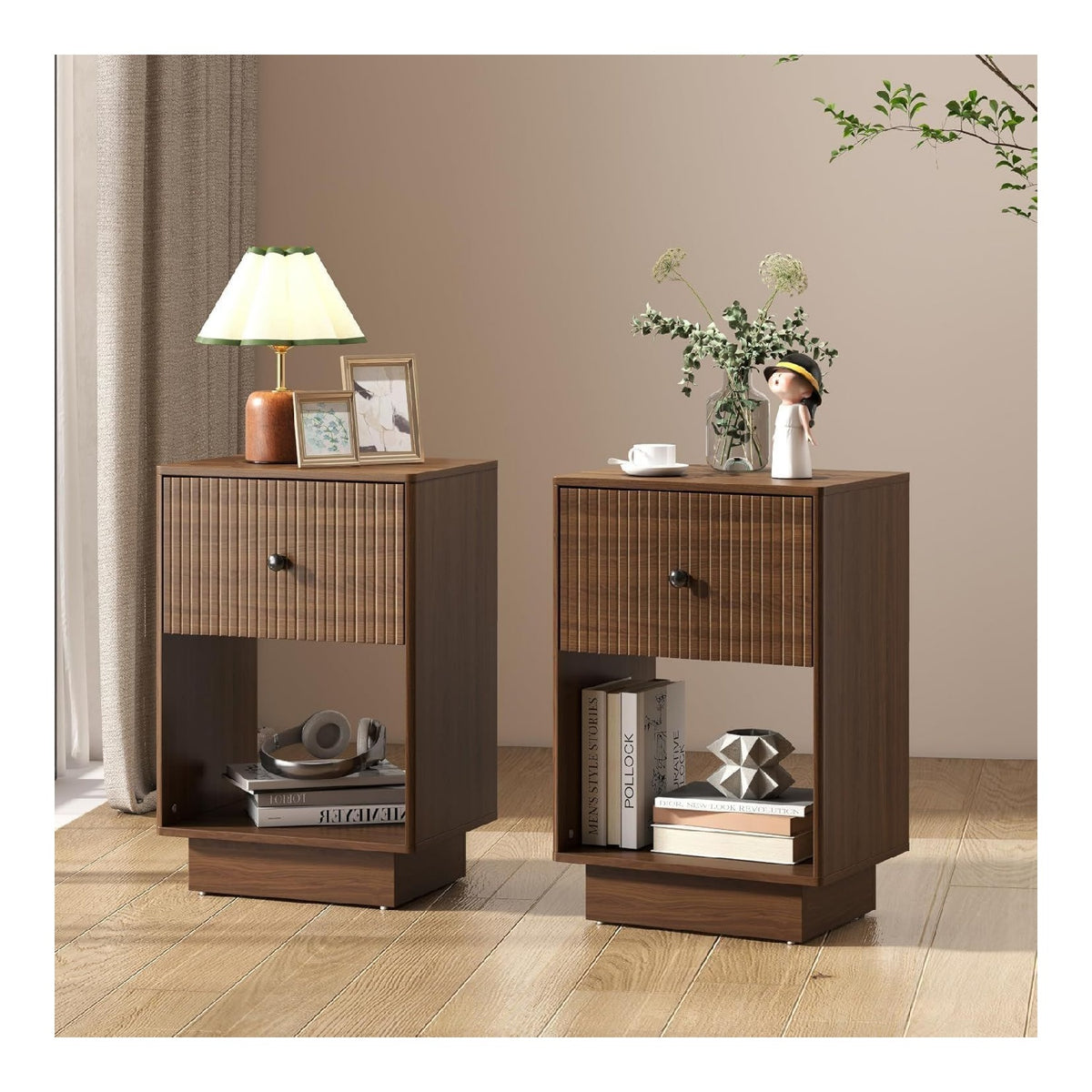 Table de chevet avec tiroirs finition bois noyer