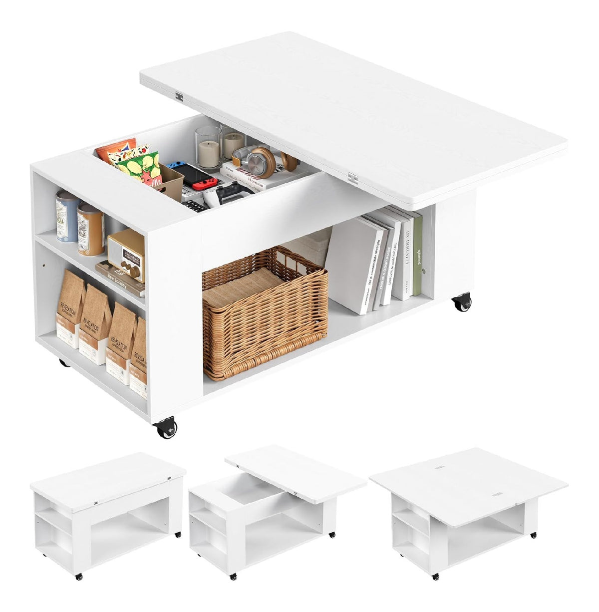 Table basse avec rangement ferme sur roulettes blanc