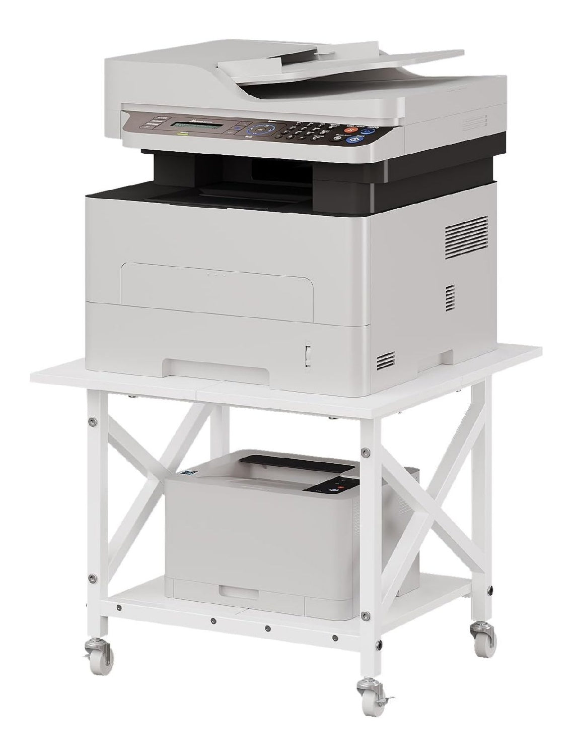 Supports imprimantes avec rangement ferme sur roulettes blanc