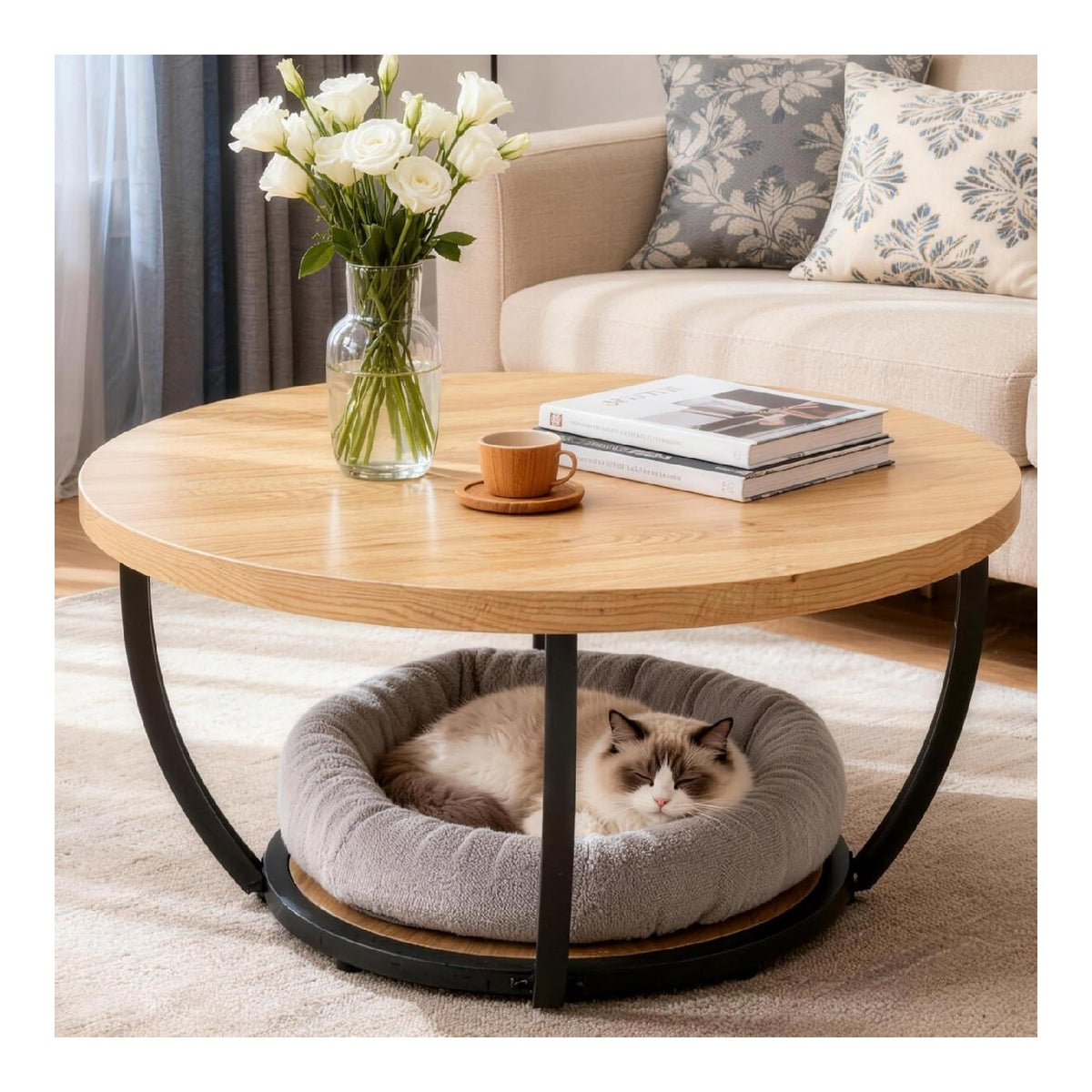 Table basse avec rangement ferme finition bois naturel 80 x 80 x 46 centim
