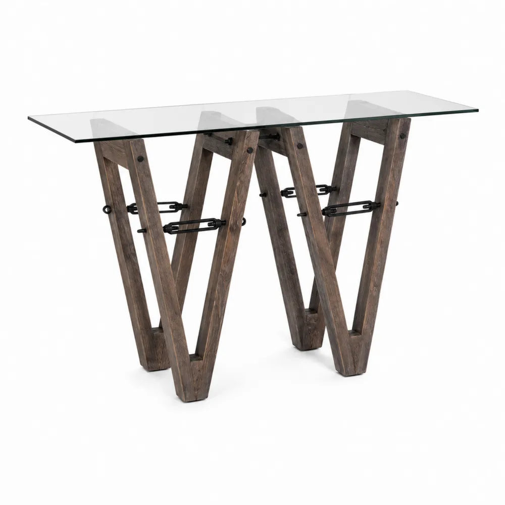 Table console en verre et bois avec ¨¦l¨¦ments m¨¦talliques 120x40x80 cm